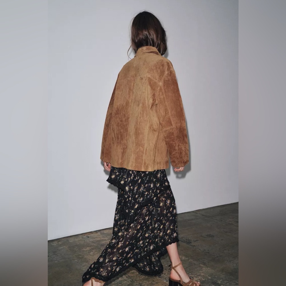 Zara Brown Suede Button-Up Jacket with Collar - Picture 4 of 6